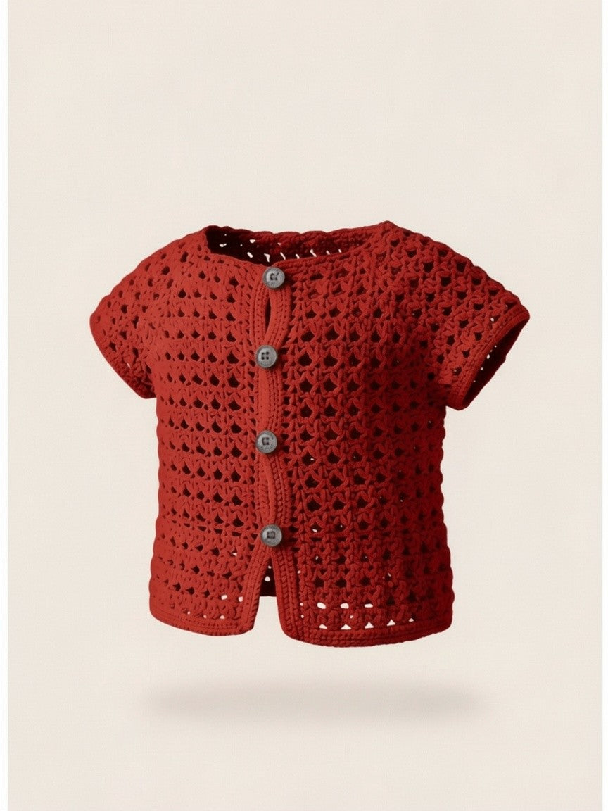 The Little One Sweater in red — handmade crochet baby cardigan