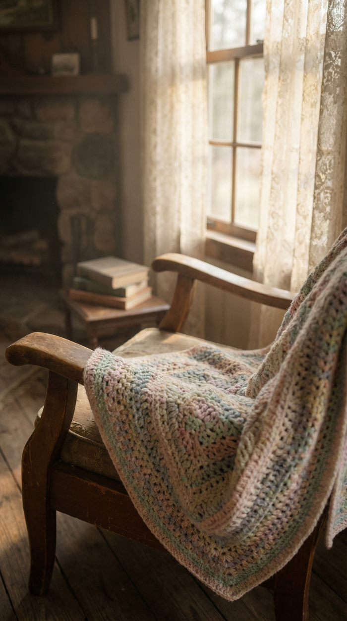 The Throw draped over a sofa — handmade crochet blanket