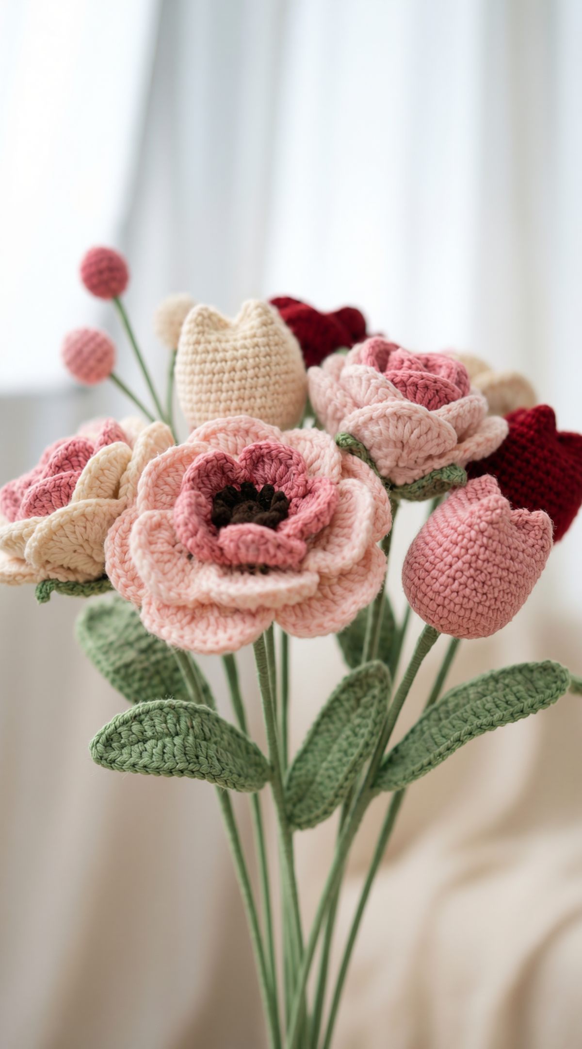 The Bouquet of hand-crocheted flowers, styled in a vase