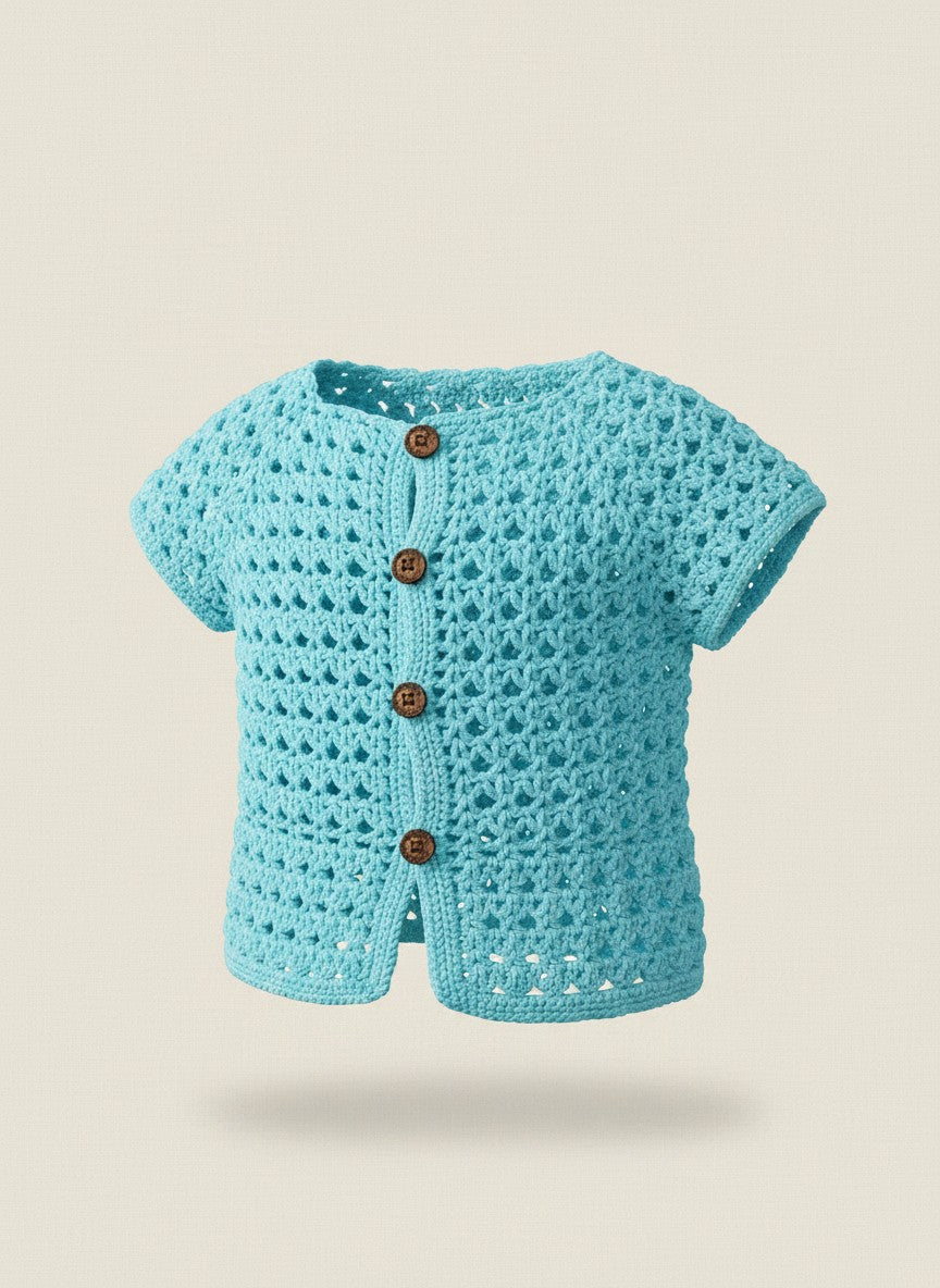The Little One Sweater in blue — handmade crochet baby cardigan