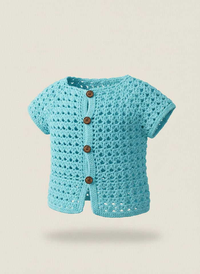 The Little One Sweater in blue — handmade crochet baby cardigan