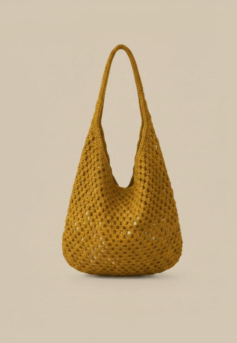The Market Bag in mustard — handmade open-mesh crochet tote