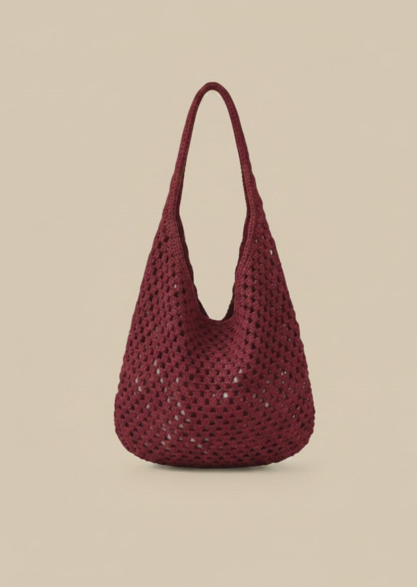 The Market Bag in deep red — handmade open-mesh crochet tote