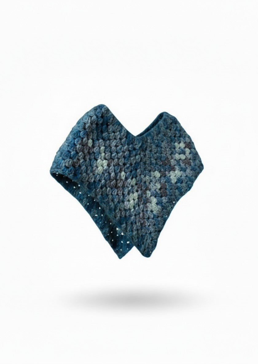 The Shoulder Wrap in blue, side view — handmade crochet wrap