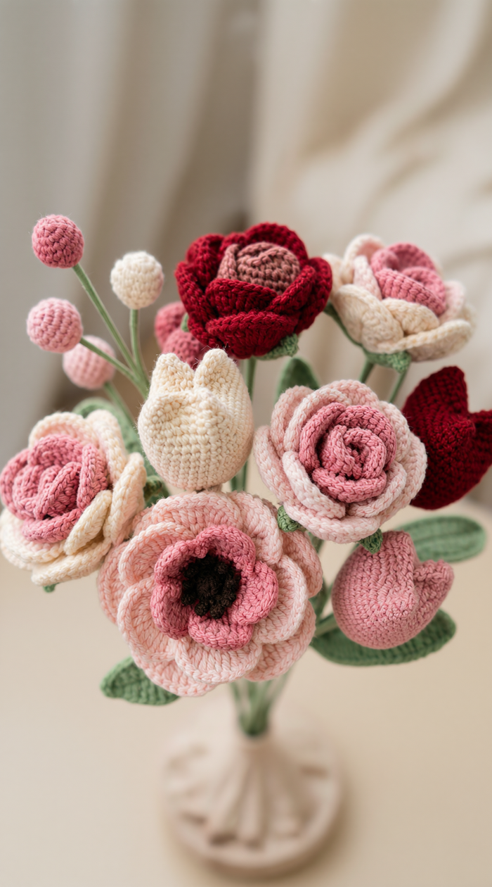 The Bouquet of hand-crocheted flowers — front view