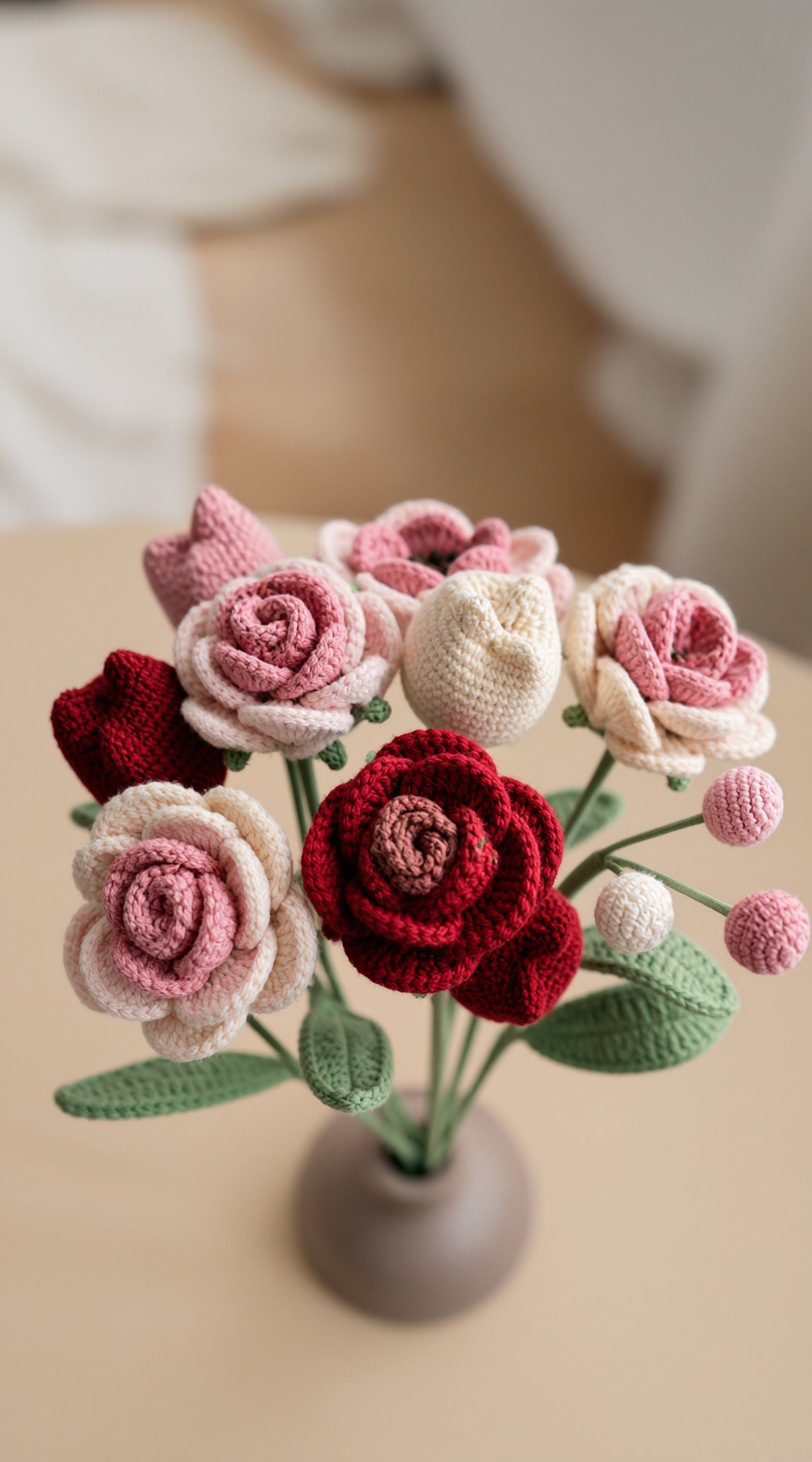 Close-up of the hand-crocheted flowers in The Bouquet