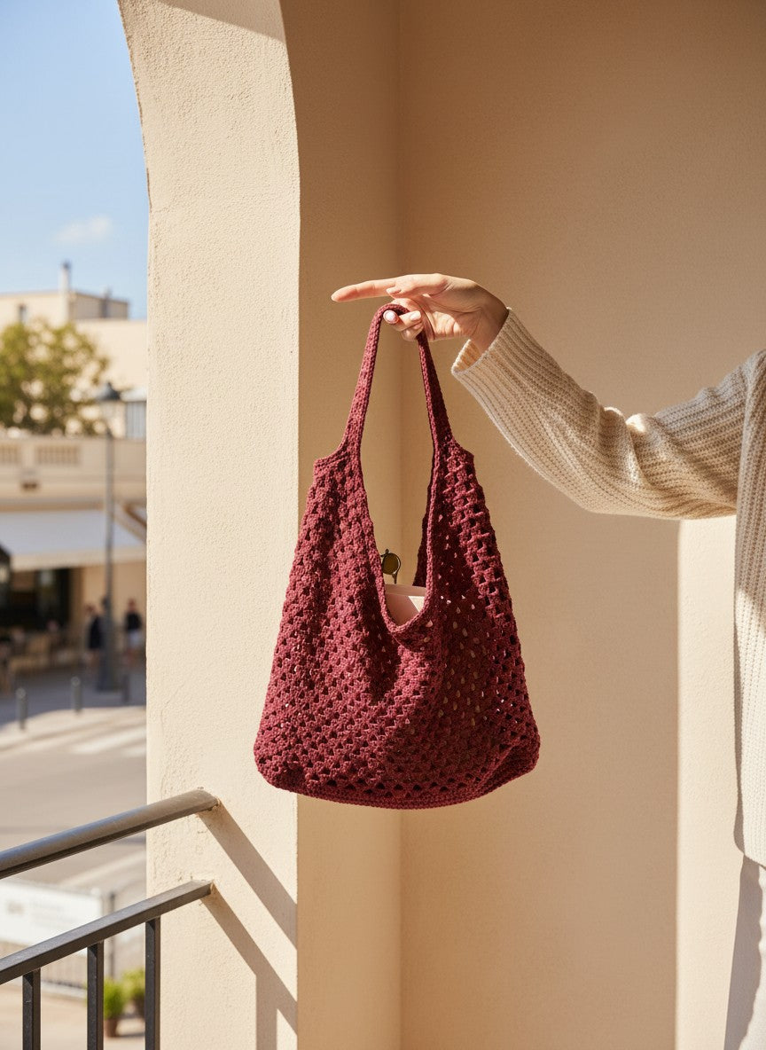 The Market Bag styled with everyday essentials — crochet tote